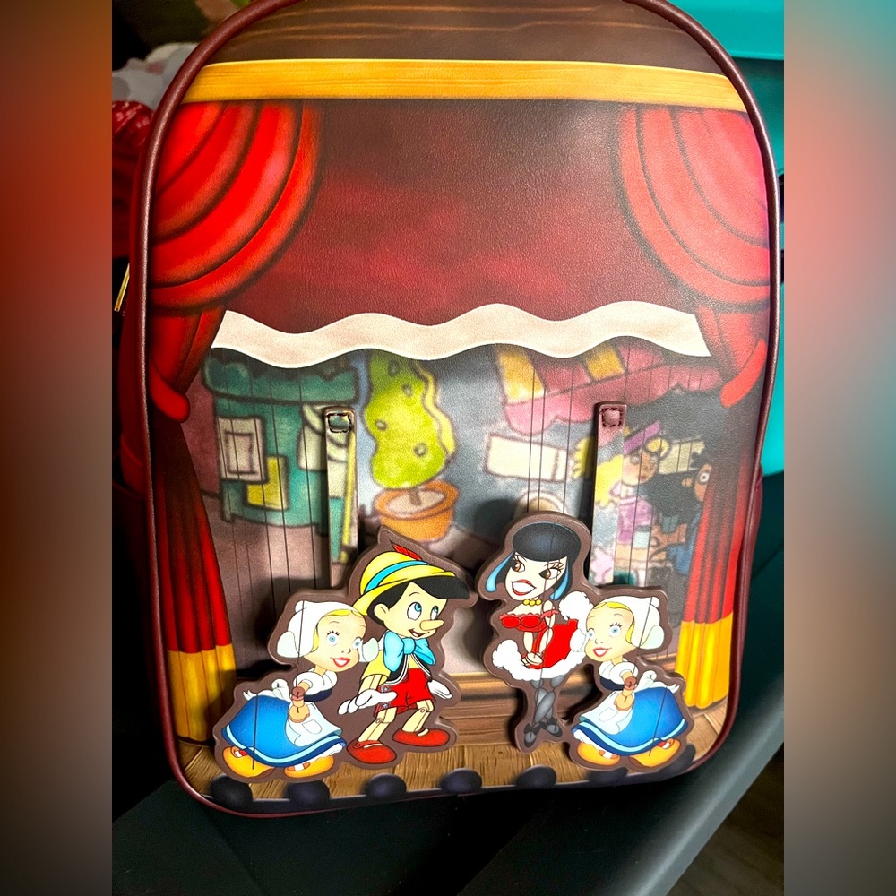 Loungefly Pinocchio Theater Scene Backpack - Red, Brown, Blue